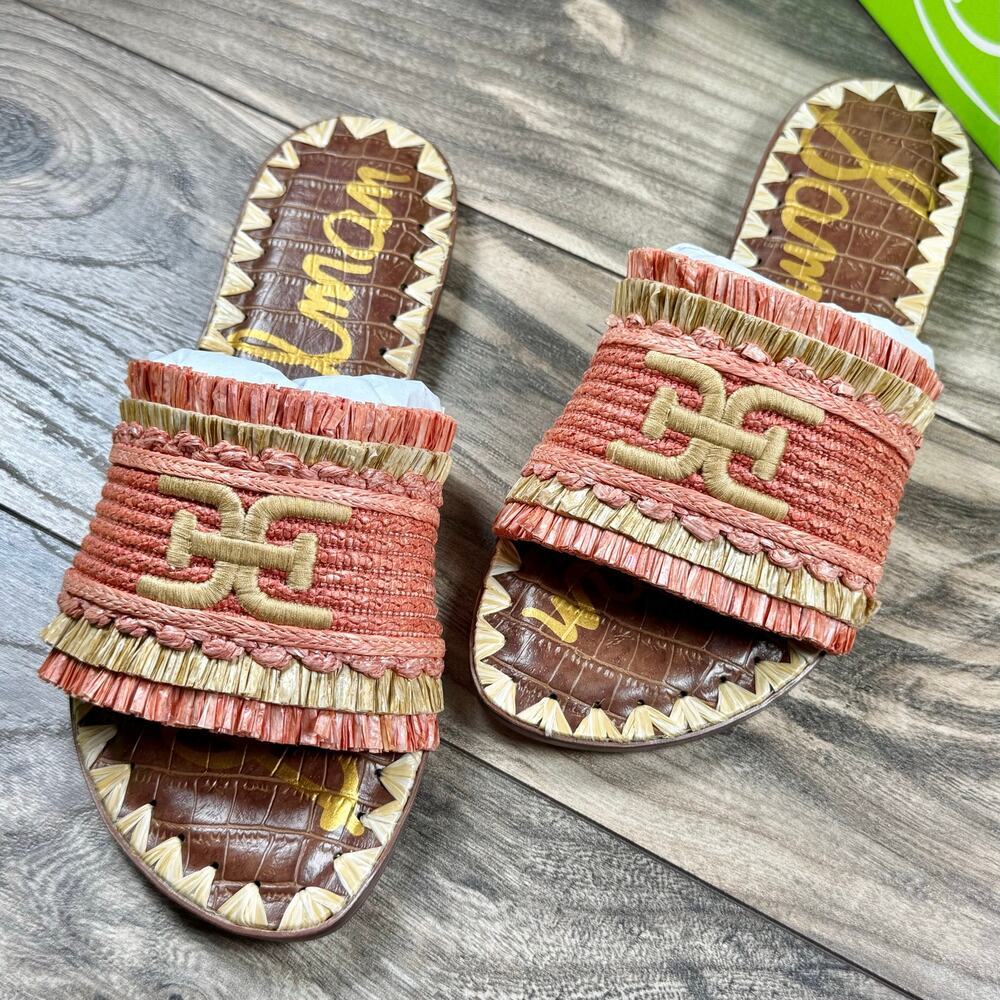 NIB Sam Edelman Georgia 7M Orange Raffia Flat Slide Sandals Resort Beach